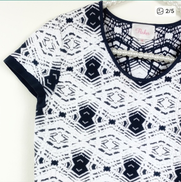 Parker Women's Blue And White Nina Knit Jacquard Crop Top. Sz M - Picture 4 of 6